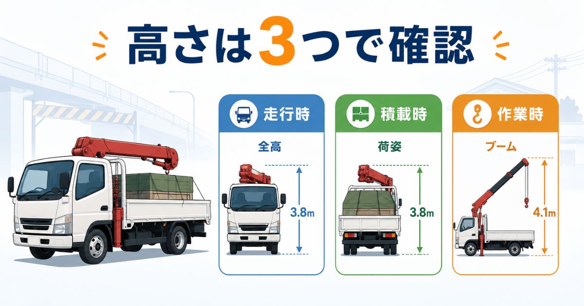 ユニック車の高さを走行時・積載時・作業時の3つに分けて確認する図解