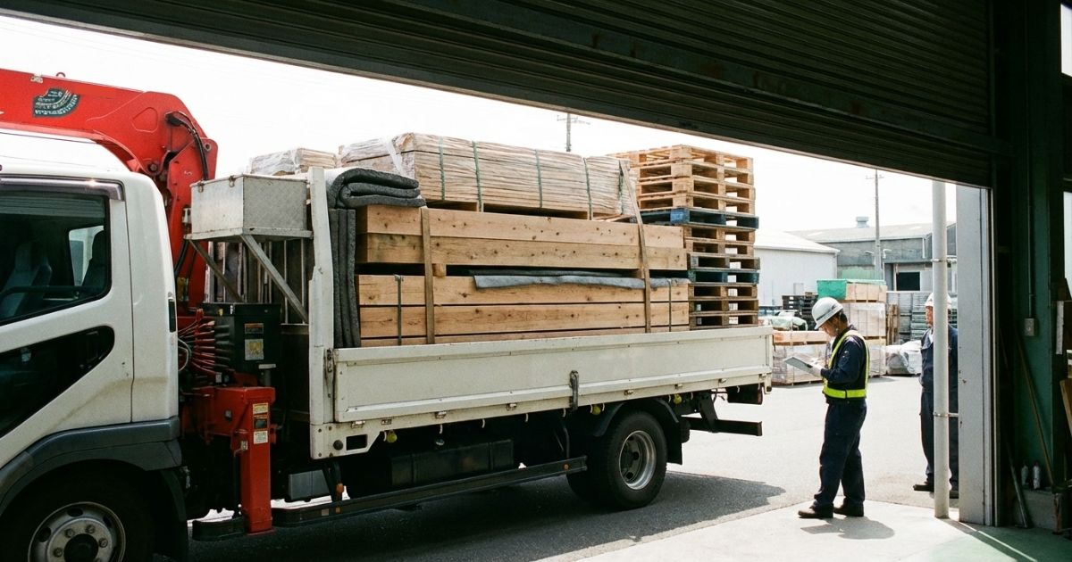 ユニック車の荷姿や養生で全高が上振れし、余裕が変わることを確認している様子