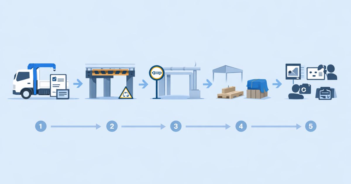 ユニック車の高さ確認を手配前の順番で整理したフロー図