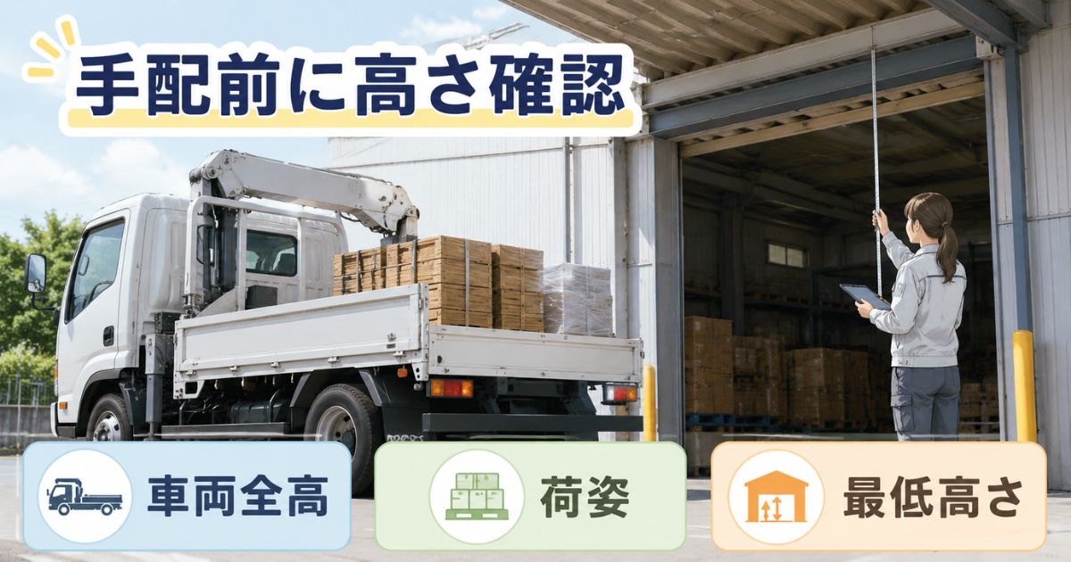 ユニック車の手配前に車両全高・荷姿・現場の最低高さを確認している場面