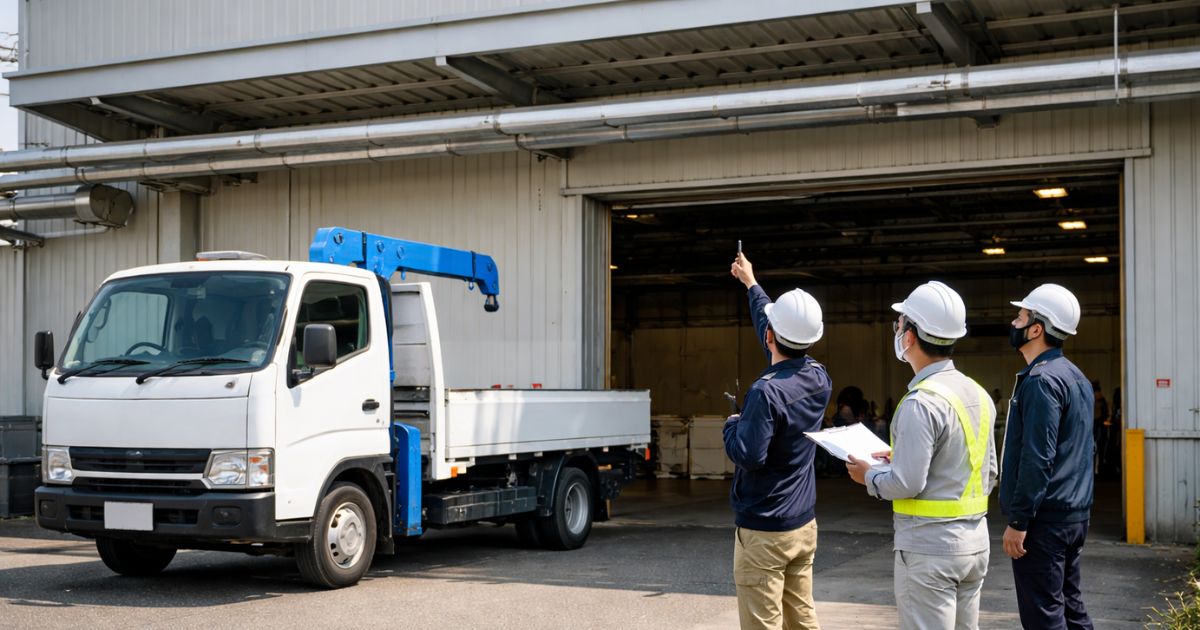 進入前に門や庇の高さを確認しているユニック車の現場イメージ