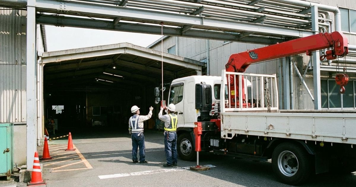 ユニック車が門や庇の梁下高さを測り、敷地内の進入可否を確認している場面