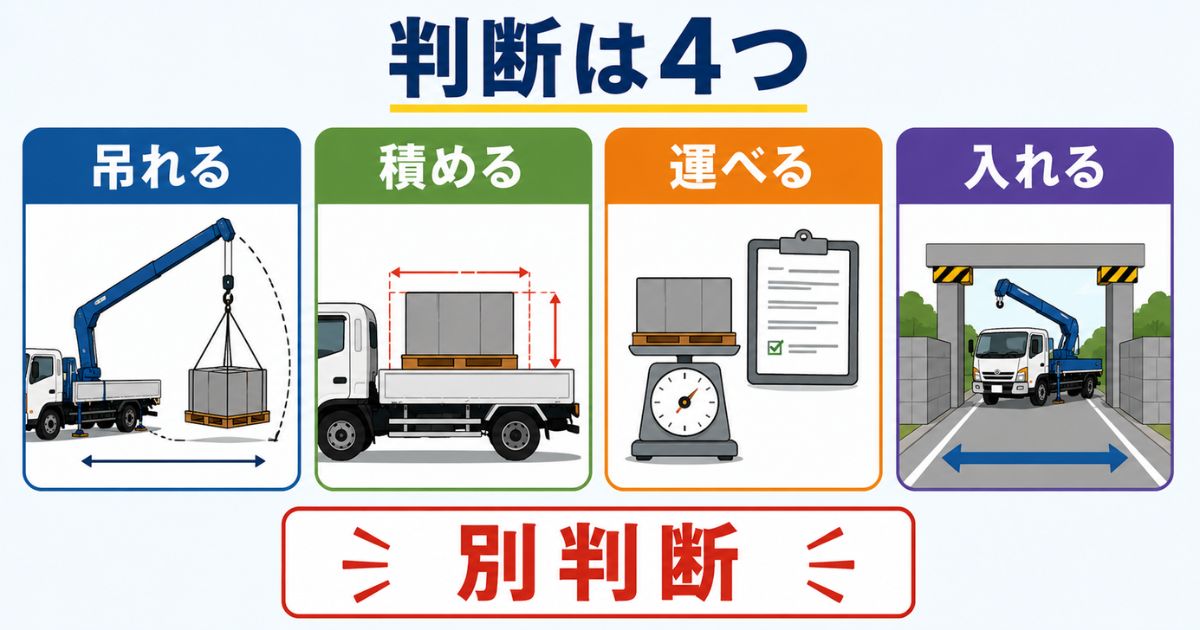 ユニック車作業で吊れる・積める・運べる・入れるを別々に確認する判断軸