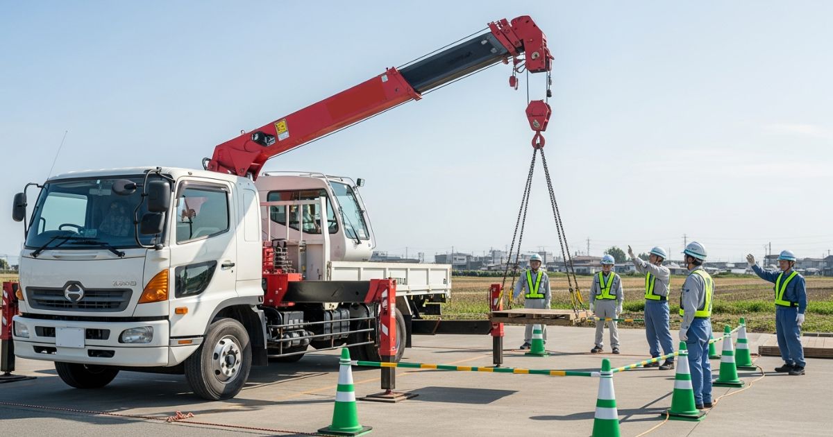 クレーン付きトラックの作業で、立入禁止区画と合図体制を整えて安全確認を行う現場