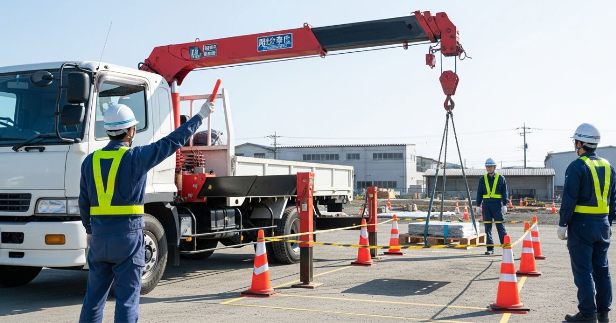 吊り作業の周囲を区画し、合図者を固定して死角での接触や落下を防ぐ体制を整えた現場