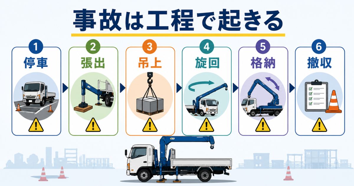 ユニック車事故が起きやすい停車・張り出し・吊り上げ・旋回・格納・撤収の工程