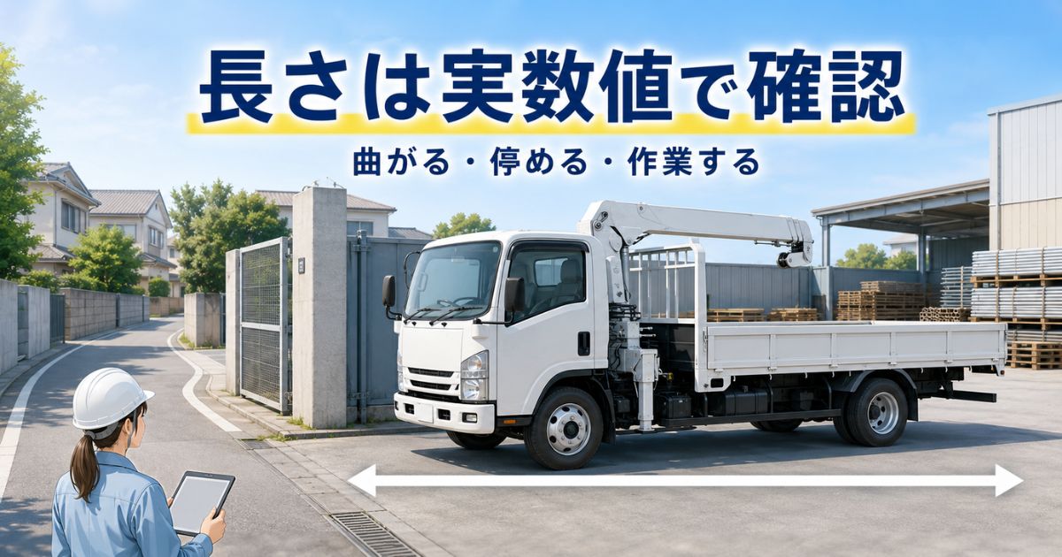 ユニック車の全長と曲がり角・入口・停車場所を照合しているイメージ