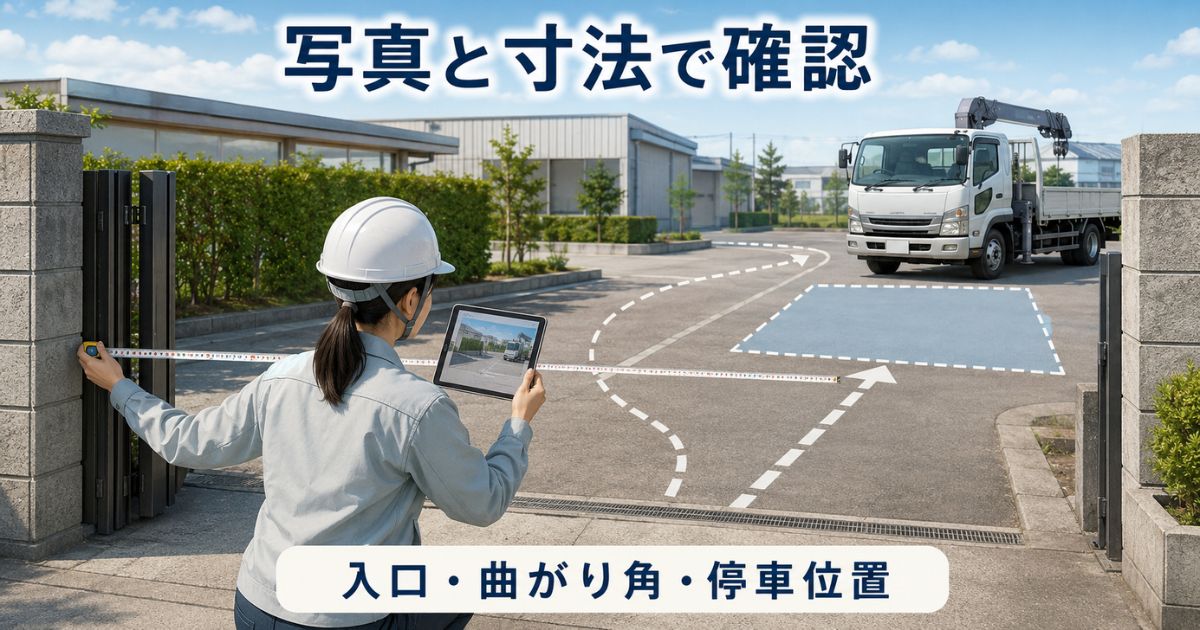 ユニック車の全長と曲がり角・入口・停車場所を照合しているイメージ