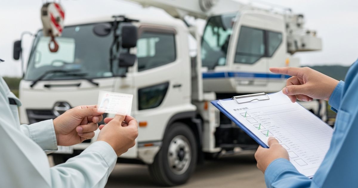 運転免許の条件確認と、クレーン作業の要件を切り分けてチェックしているイメージ