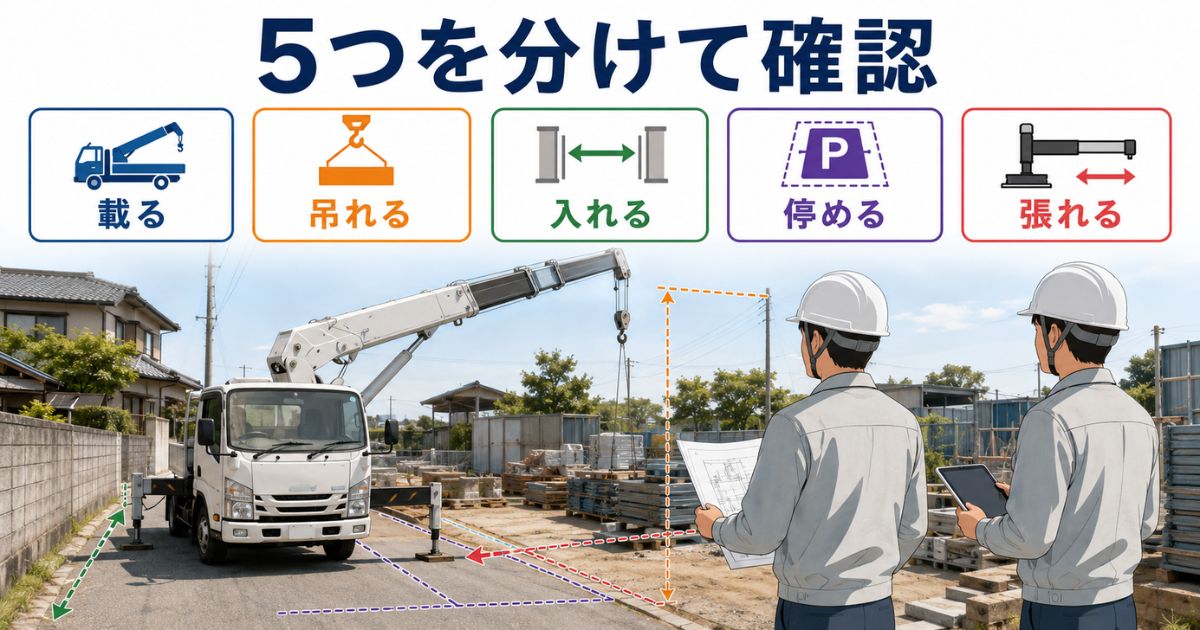 ユニック車を手配する前に載る・吊れる・入れる・停める・張れる条件を確認している現場イメージ