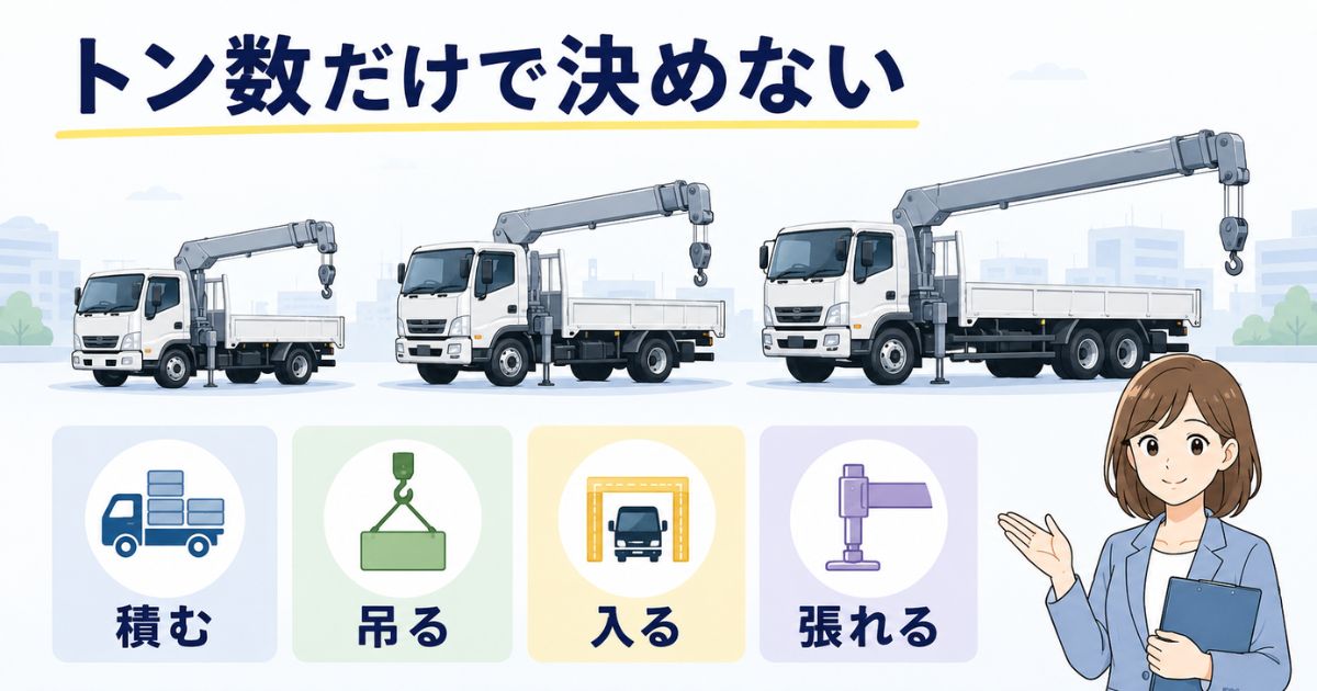 ユニック車のトン数選びは積む・吊る・入る・張れる条件で判断することを示す図解