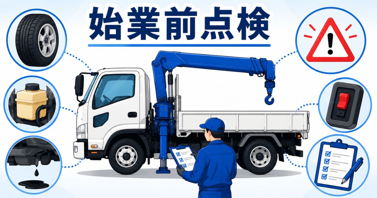 ユニック車の日常点検でトラック本体とクレーン装置を始業前に確認する図解