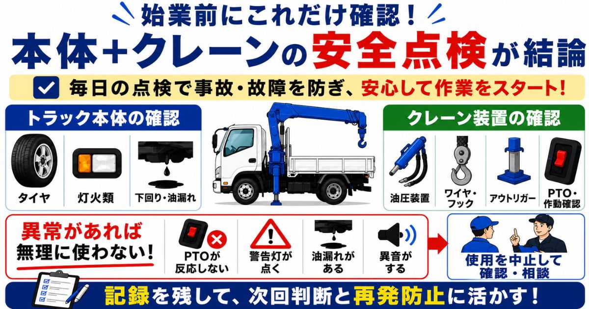 ユニック車の日常点検で本体とクレーンの安全点検や異常時の相談を確認する図解