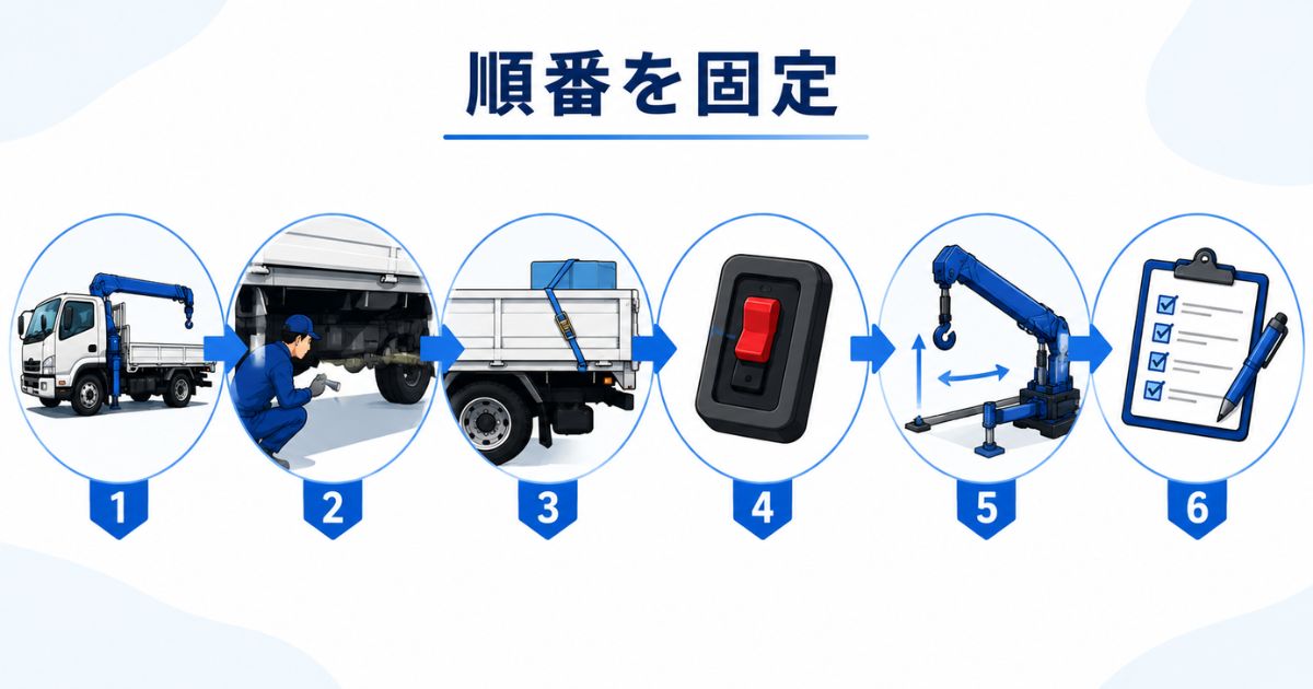 始業前点検で外観確認からPTOを含む無負荷作動確認と記録へ進む流れの図解