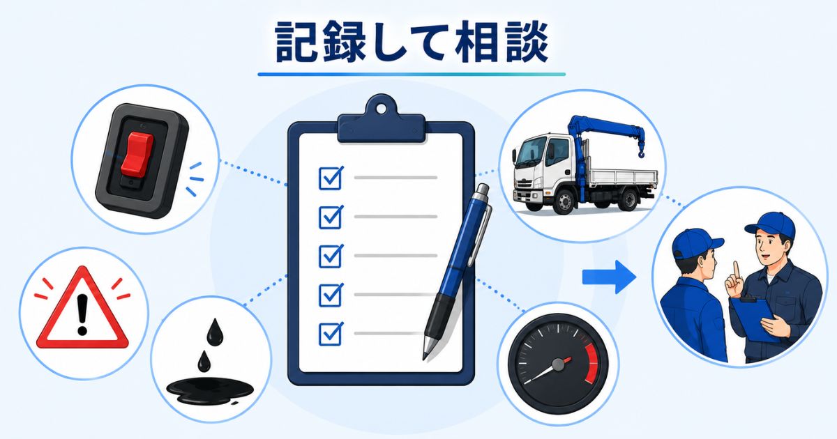 PTOトラブル時に症状を記録して整備相談へつなげる図解