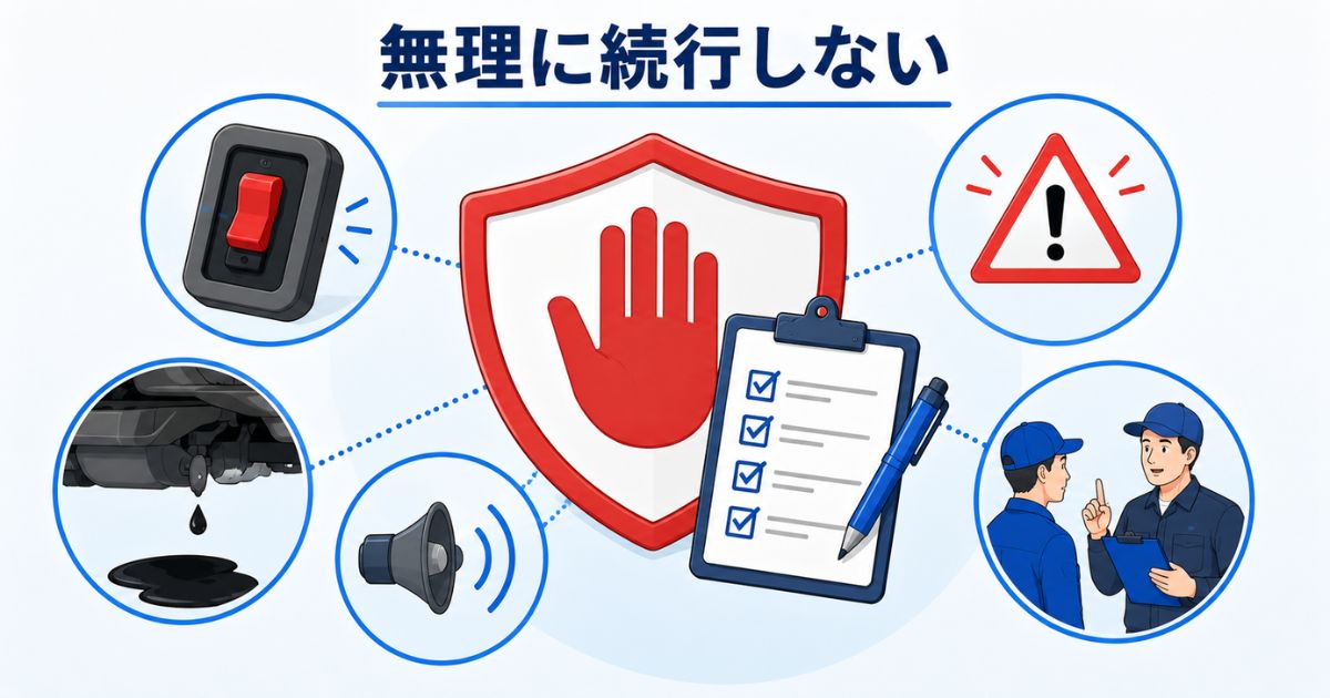 PTOが反応しない場合に無理に続行せず警告灯や油漏れを確認して相談する図解