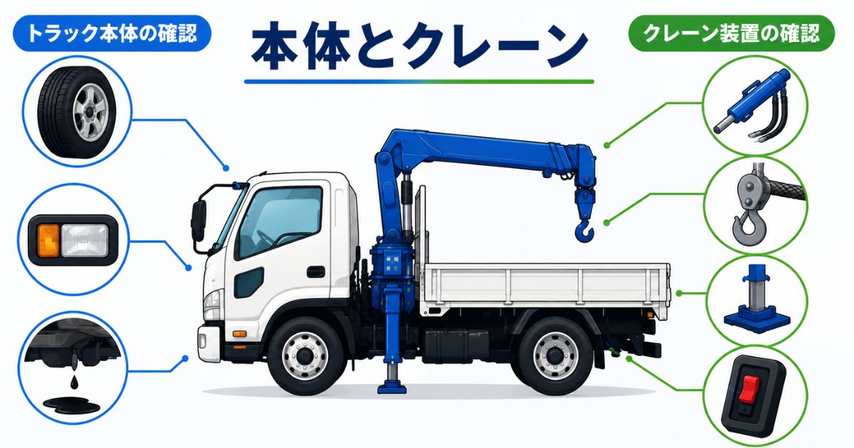 ユニック車の日常点検で本体とクレーン装置を分けて確認する図解