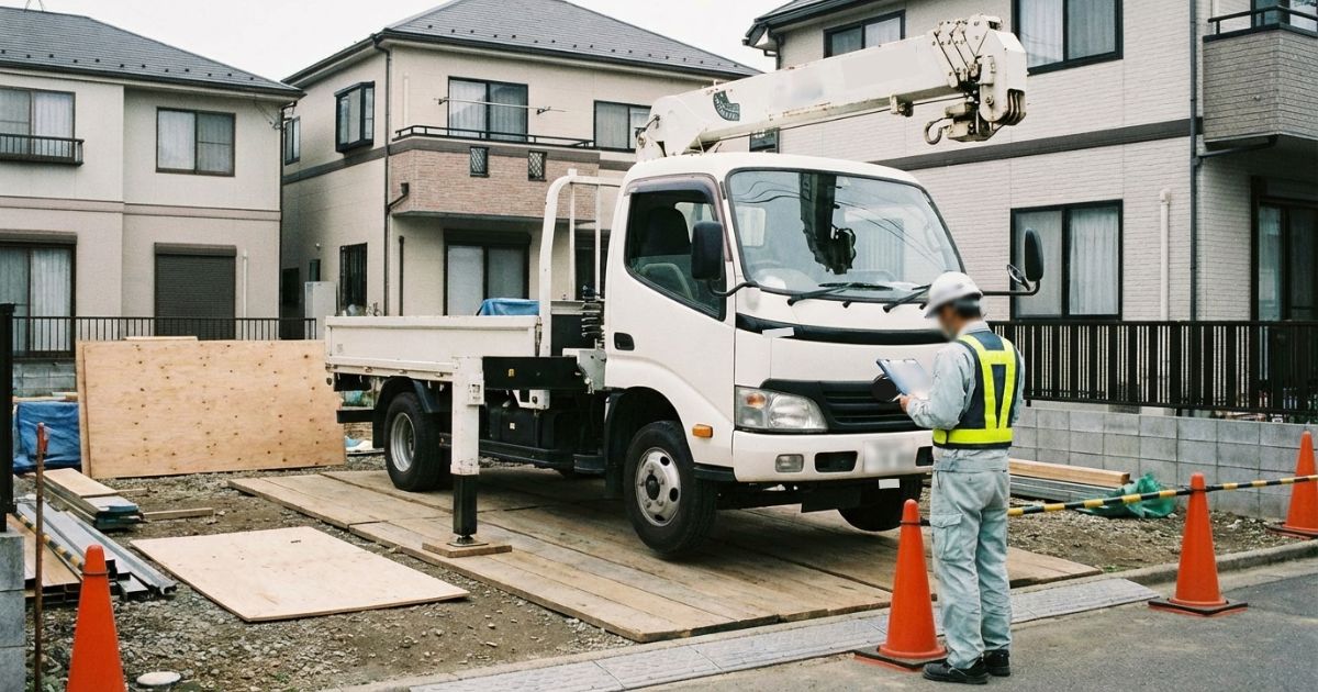 ユニック車の能力表を使う前に作業半径やアウトリガー条件を確認している現場の様子