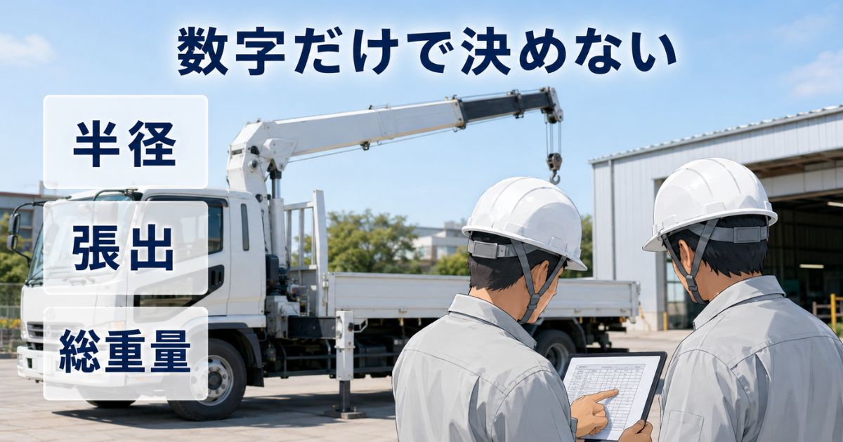 ユニック車の能力表を数字だけで判断せず半径や張出や総重量を確認する場面