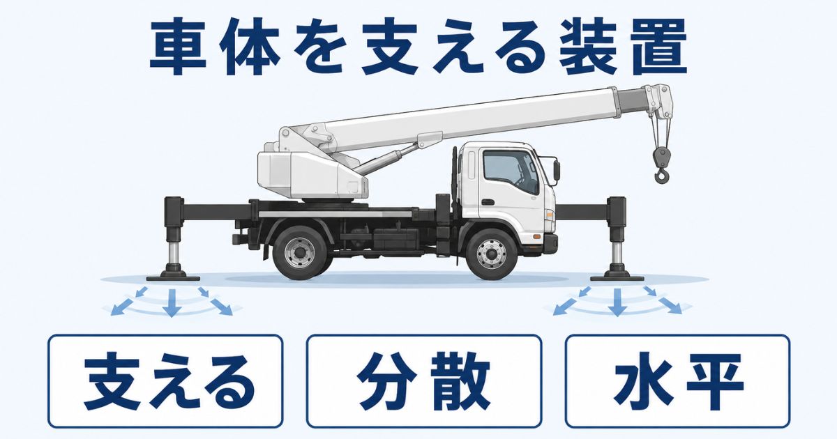 ユニック車のアウトリガーが車体を支え荷重を分散する役割を示した図解
