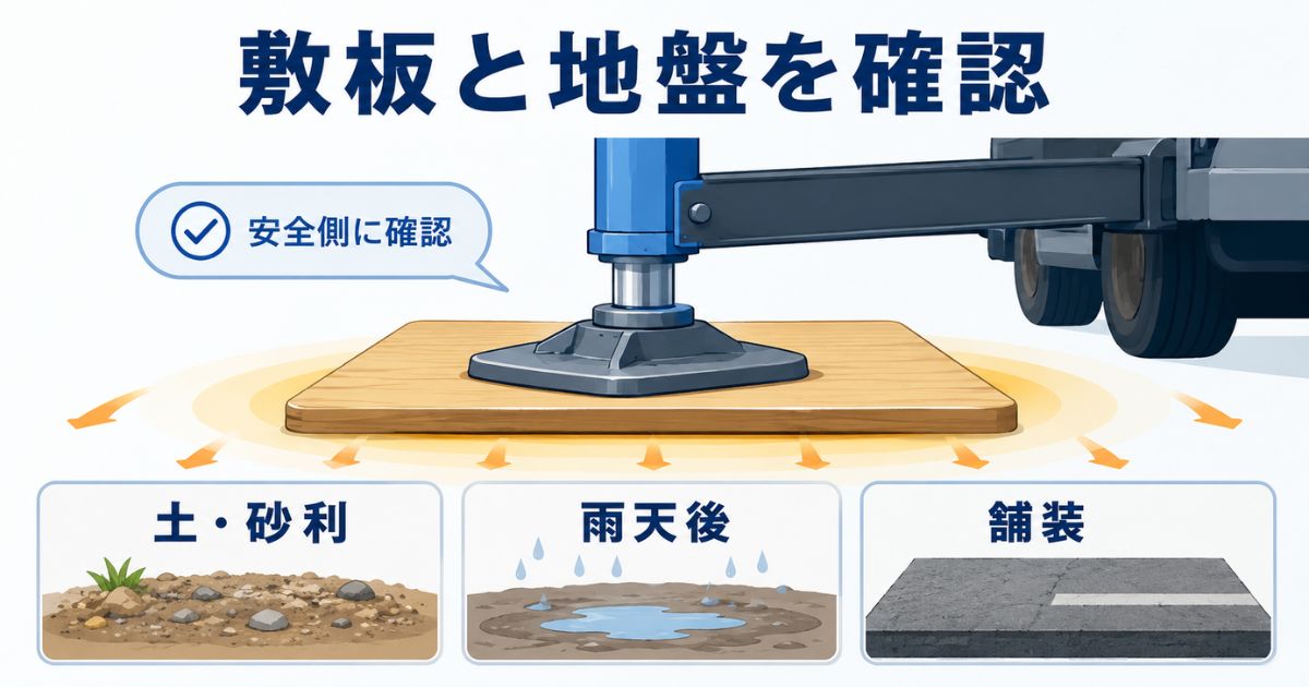 アウトリガーの足元に敷板を置き地盤沈下やめり込みを防ぐ確認イメージ