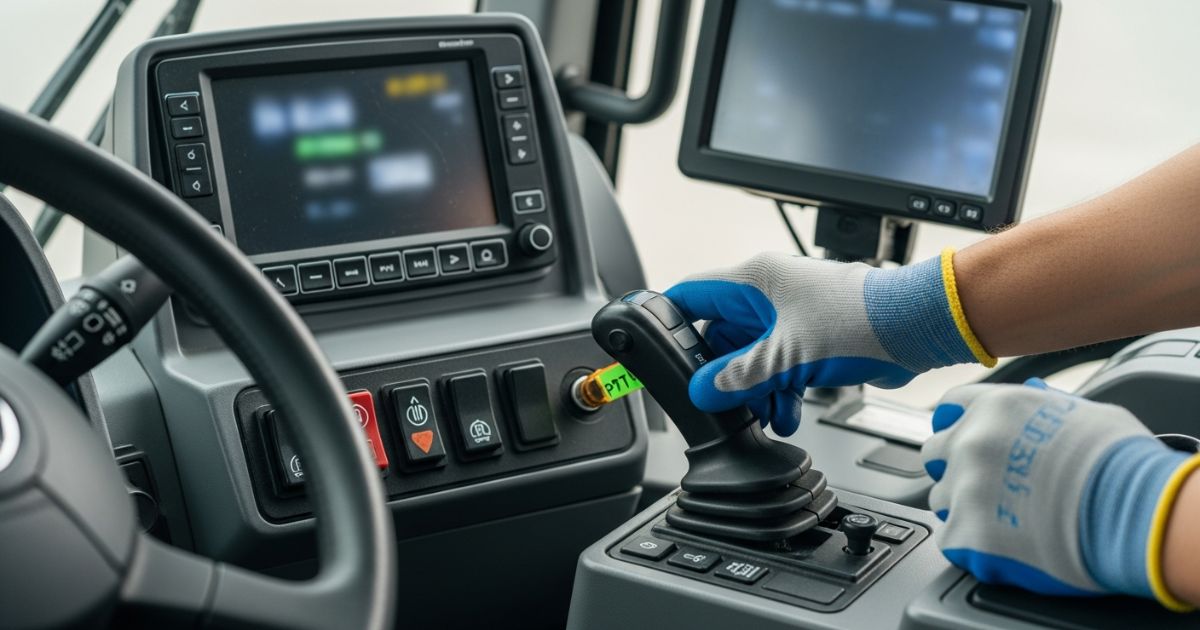 ユニック車のPTO作動確認を行うための操作部を近距離で写した様子