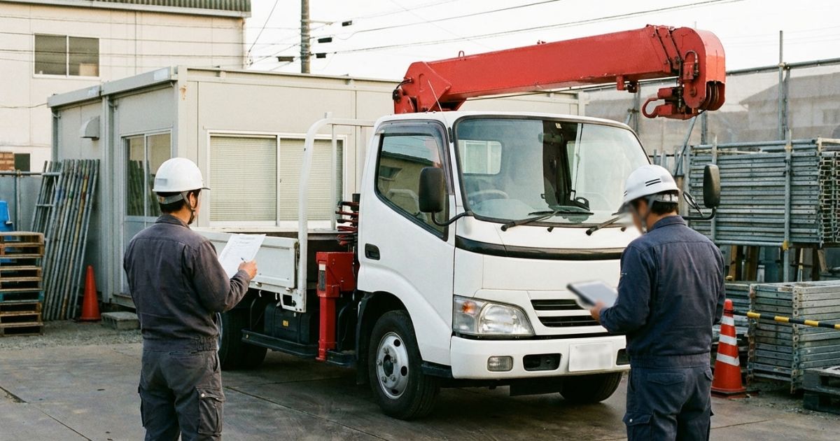 ユニック車の手配前にPTO装着有無・作動条件・車両適合性をチェックしている様子（写真風）