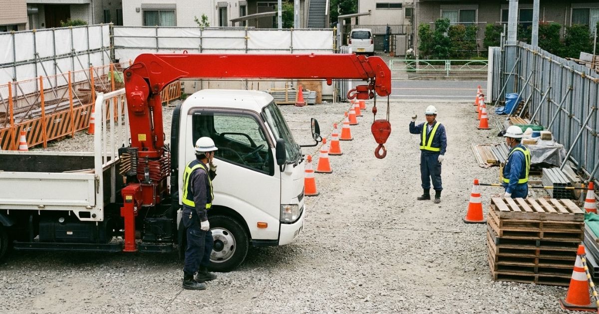 荷下ろし直前にクレーンが動かず、安全距離を保って状況確認している様子（写真風）