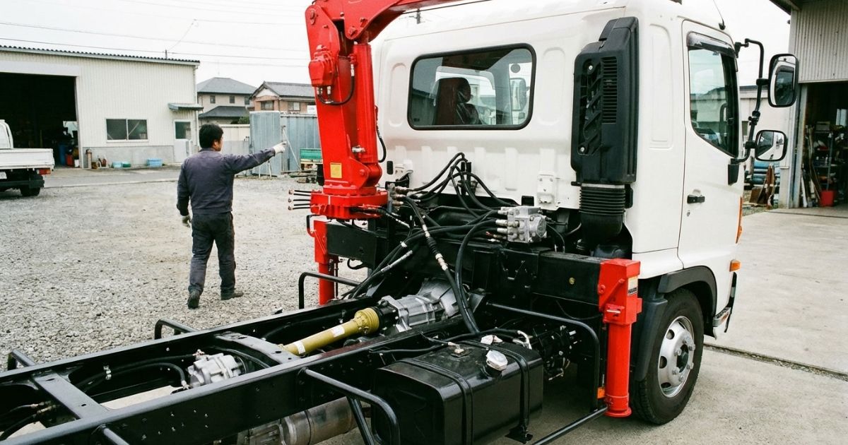 エンジン動力をPTOで取り出して油圧を介しクレーン動作につながる流れをイメージできる車体周辺の様子