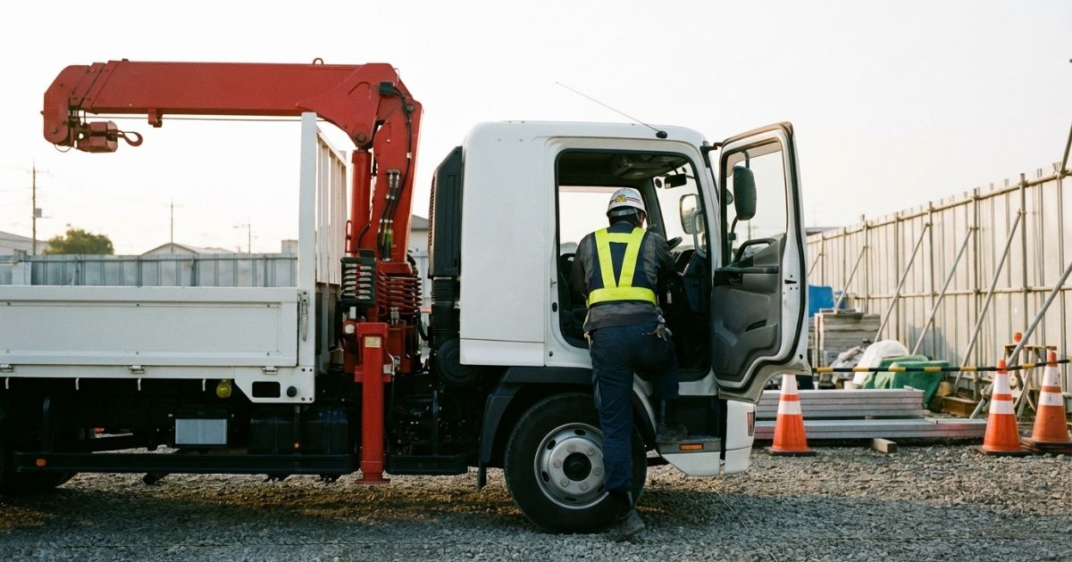 作業前に運転席周りでPTOスイッチの位置と作動条件を確認している様子（写真風）