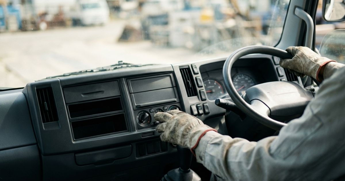 車内のダッシュボード周辺でPTOスイッチ位置を確認している様子（文字なしの写真風）