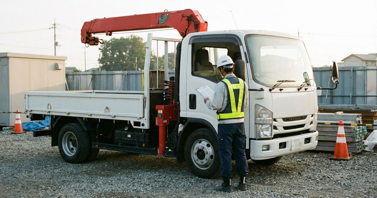 作業前点検でクレーン付きトラックのPTO作動条件を確認している様子（写真風）