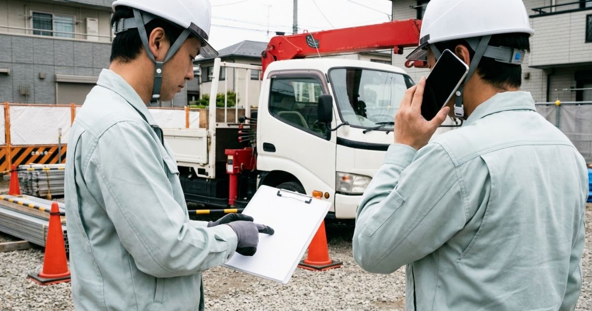 チェックリストで確認を整理し、無理に操作せず手配元へ連絡して中断判断している様子（写真風）