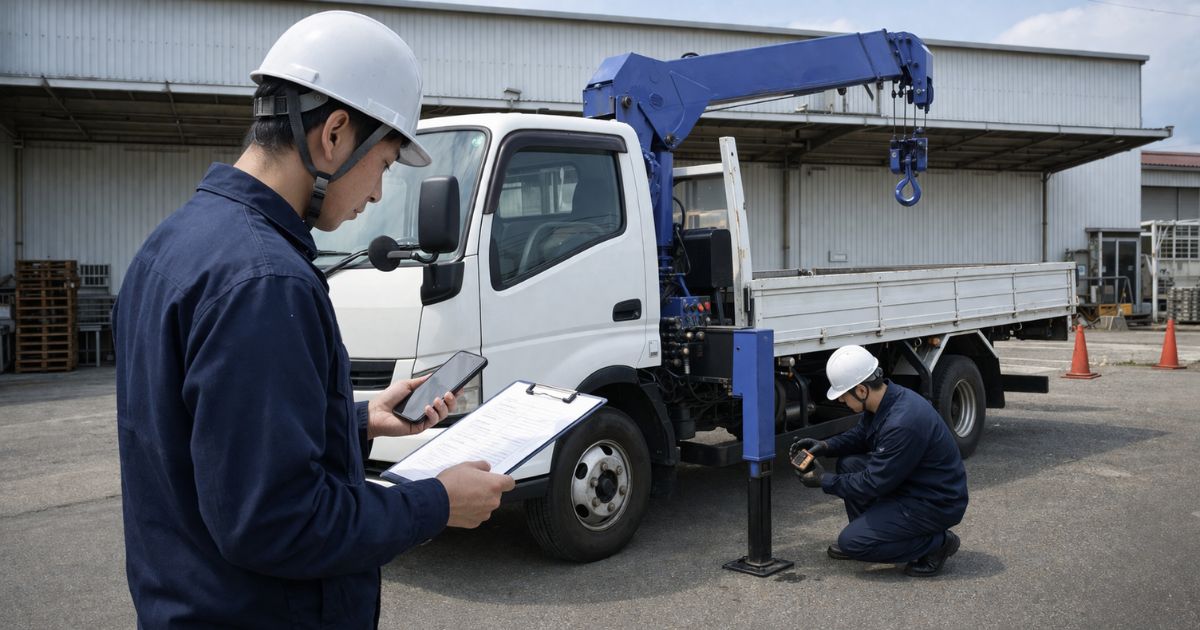 ユニック車の受け取り前後に車両状態と条件を確認する現場イメージ