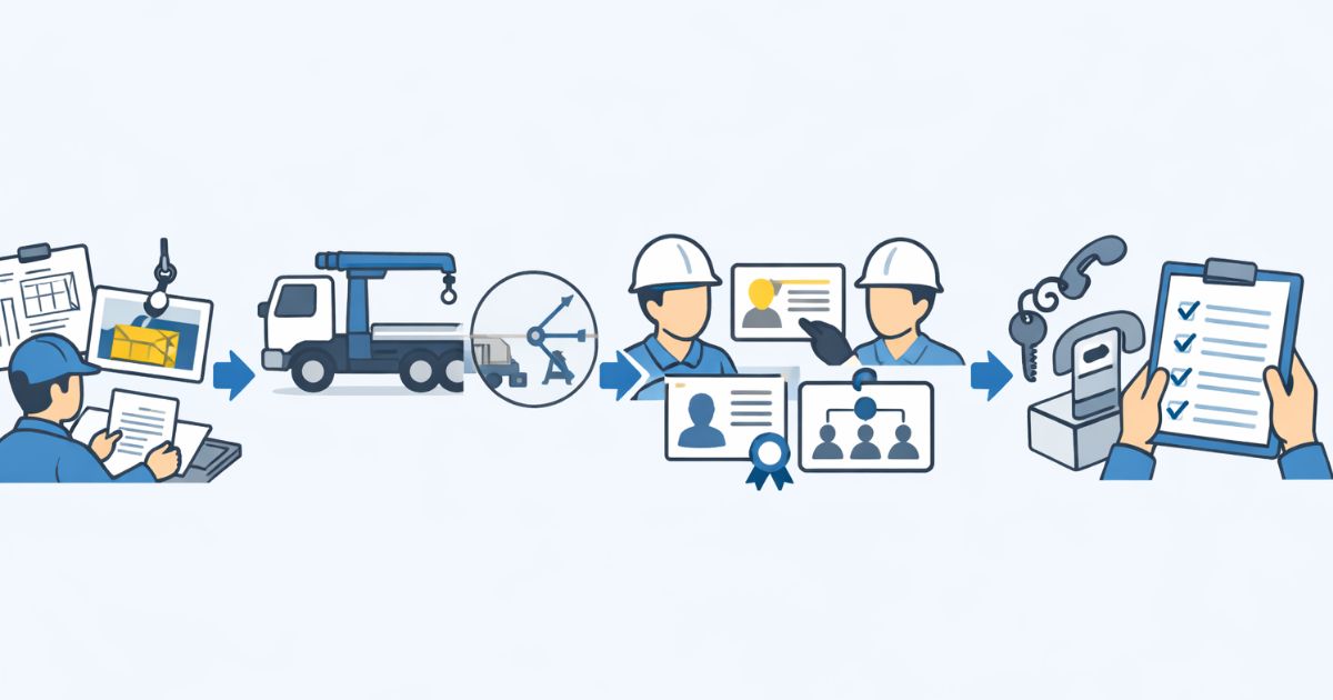 ユニック車レンタル前の確認フローを示した図解