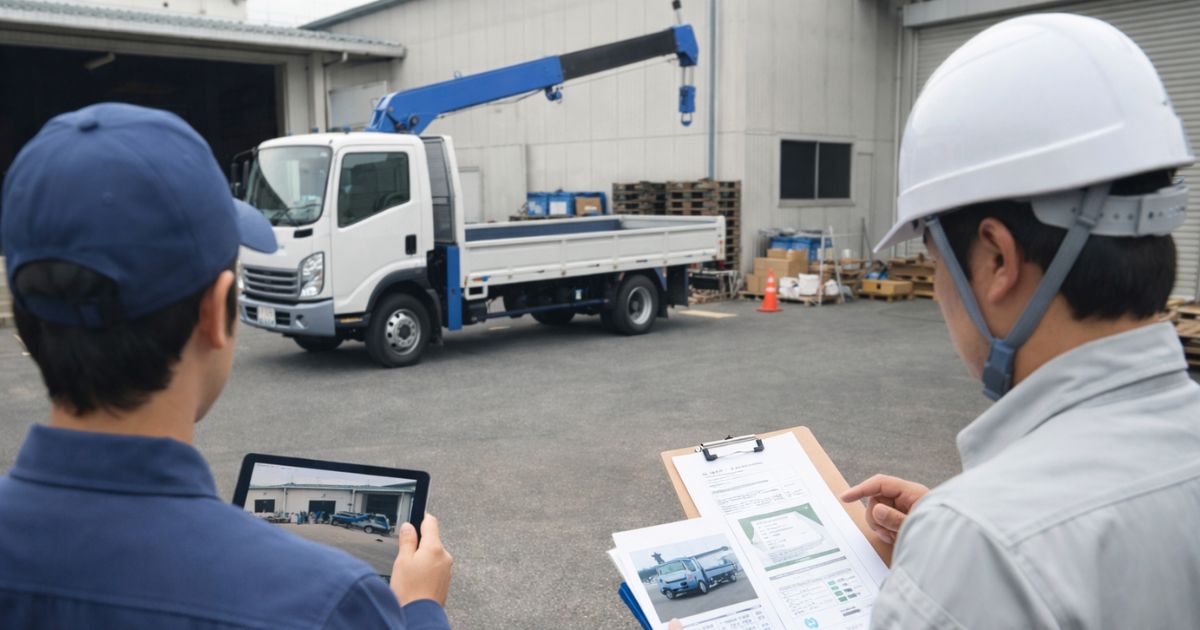 ユニック車の導入方法を現場で比較検討している様子