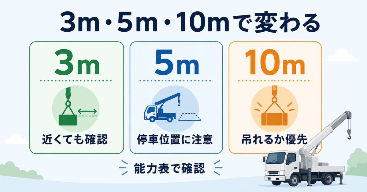 作業半径3m・5m・10mで確認すべきポイントを比較した図解