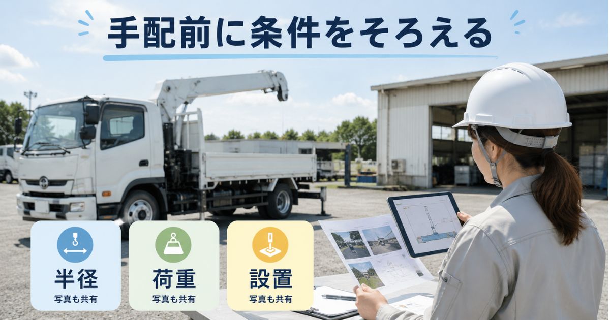 ユニック車の手配前に作業半径・吊り荷重量・設置条件を確認している様子