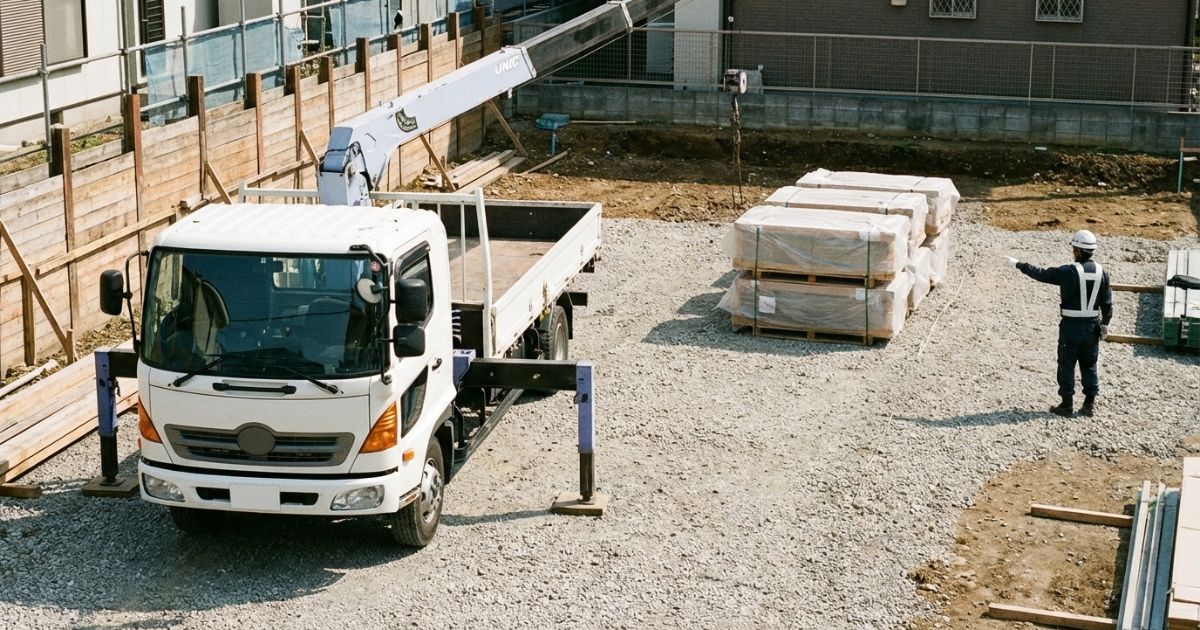 ユニック車が停車位置と吊り荷の距離感を確認している様子（作業半径＝安全な作業距離のイメージ）