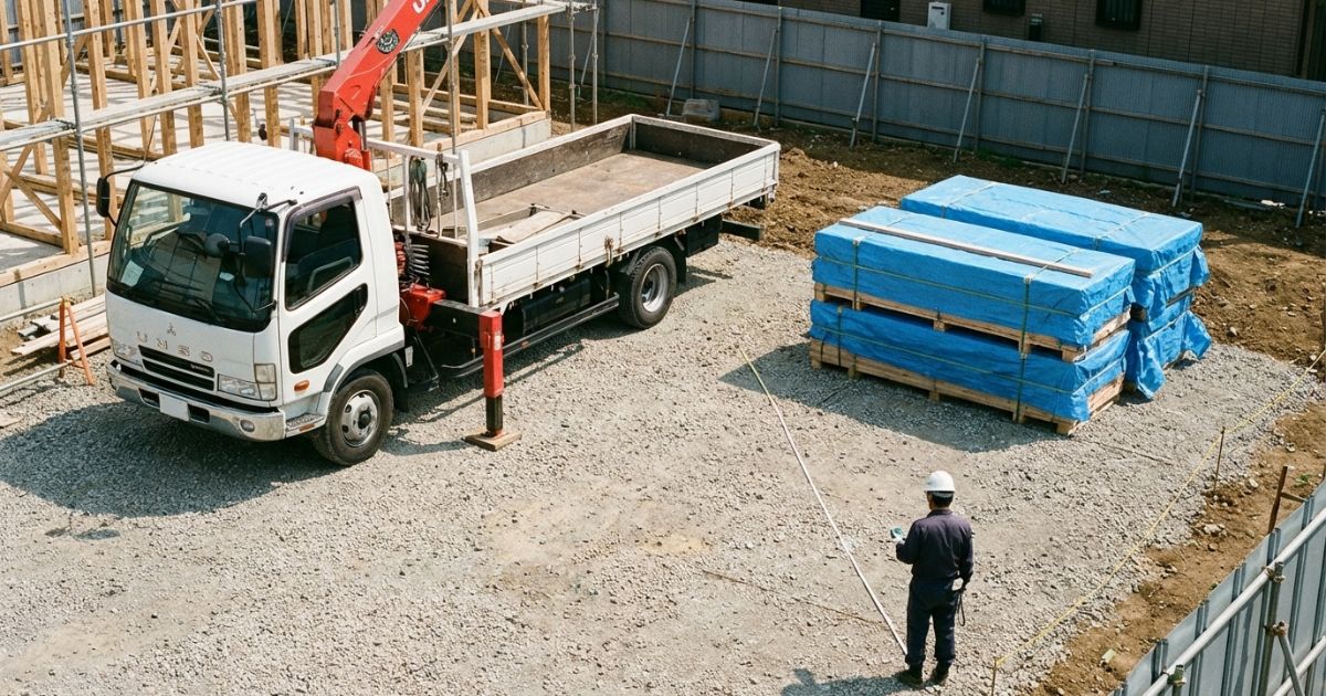 停車位置から吊り荷位置までの水平距離を確認して作業半径を見立てている様子