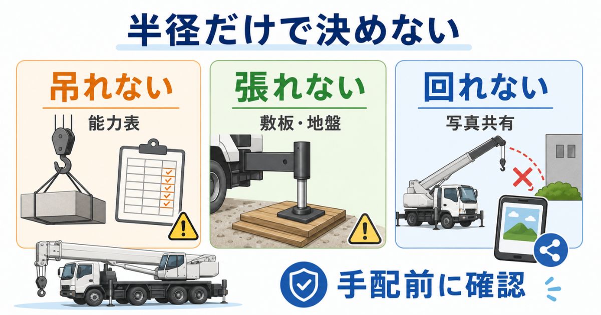 作業半径だけで判断せず荷重・設置・障害物を確認する失敗回避図解
