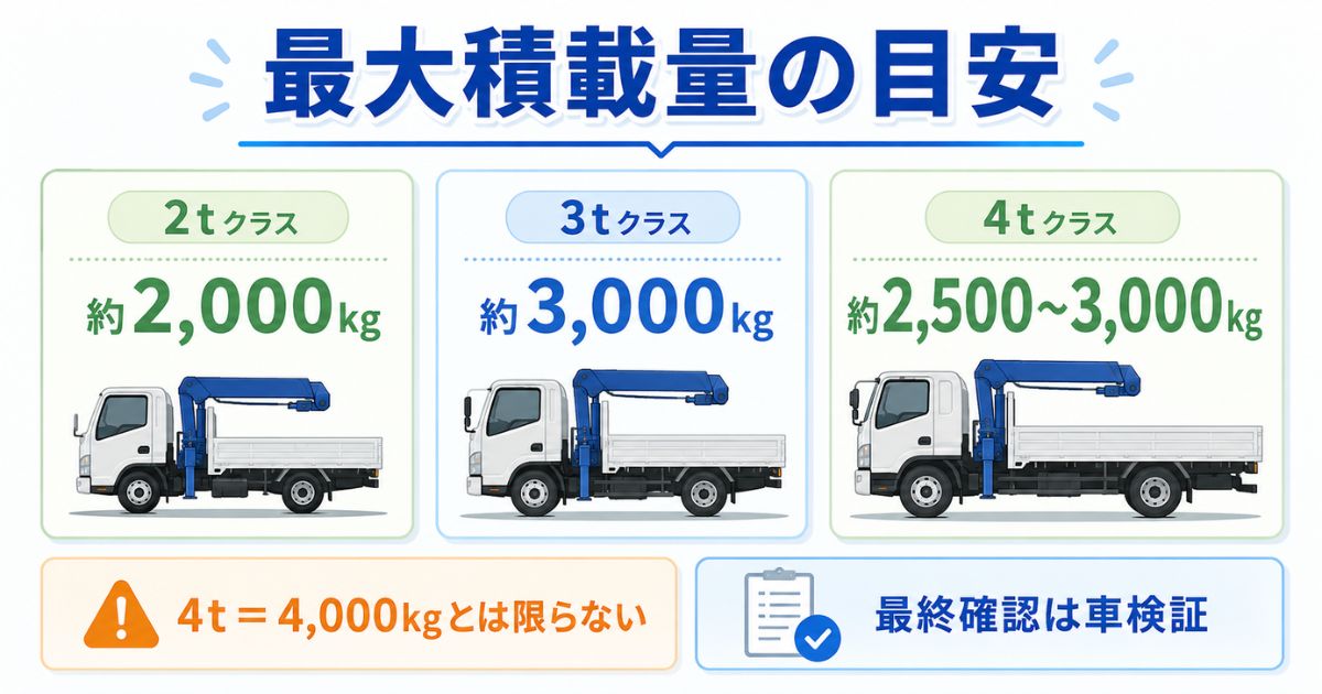ユニック車の2t・3t・4tクラスにおける最大積載量の代表的な仕様例を比較した図解