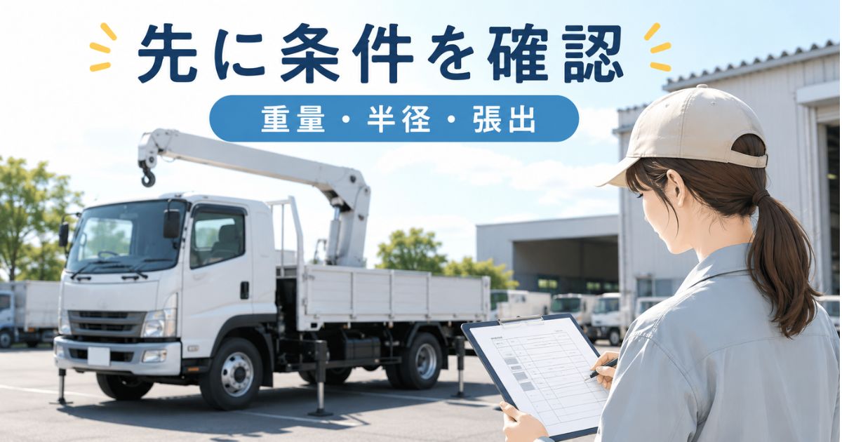 性能表を見る前に吊具込み重量・作業半径・アウトリガー条件を確認している場面