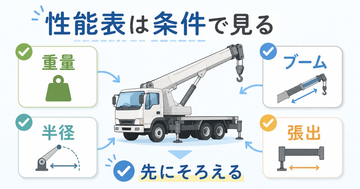 ユニック車の性能表は重量・半径・ブーム・張出条件をそろえて読むことを示す図解