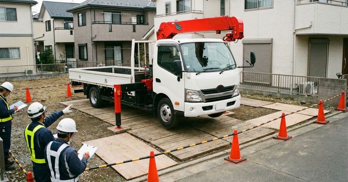 ユニック車の作業前に重量・半径・設置条件を確認し性能表の前提を揃える場面