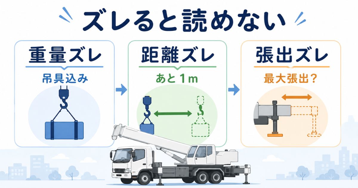性能表の読み違いにつながる重量ズレ・距離ズレ・張出ズレを示す図解
