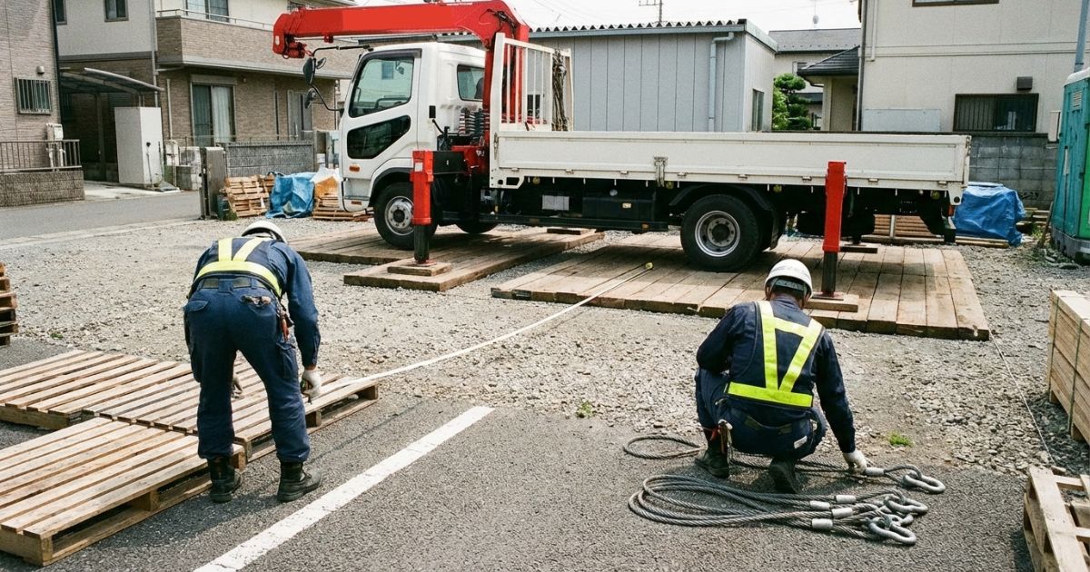 作業半径の見積もりと吊具込み重量、アウトリガー設置条件を現場で揃える確認風景