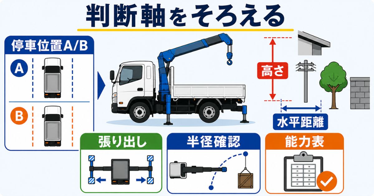 ユニック車の旋回範囲を停車位置A/B・障害物の高さ・水平距離・アウトリガー条件で判断する図解