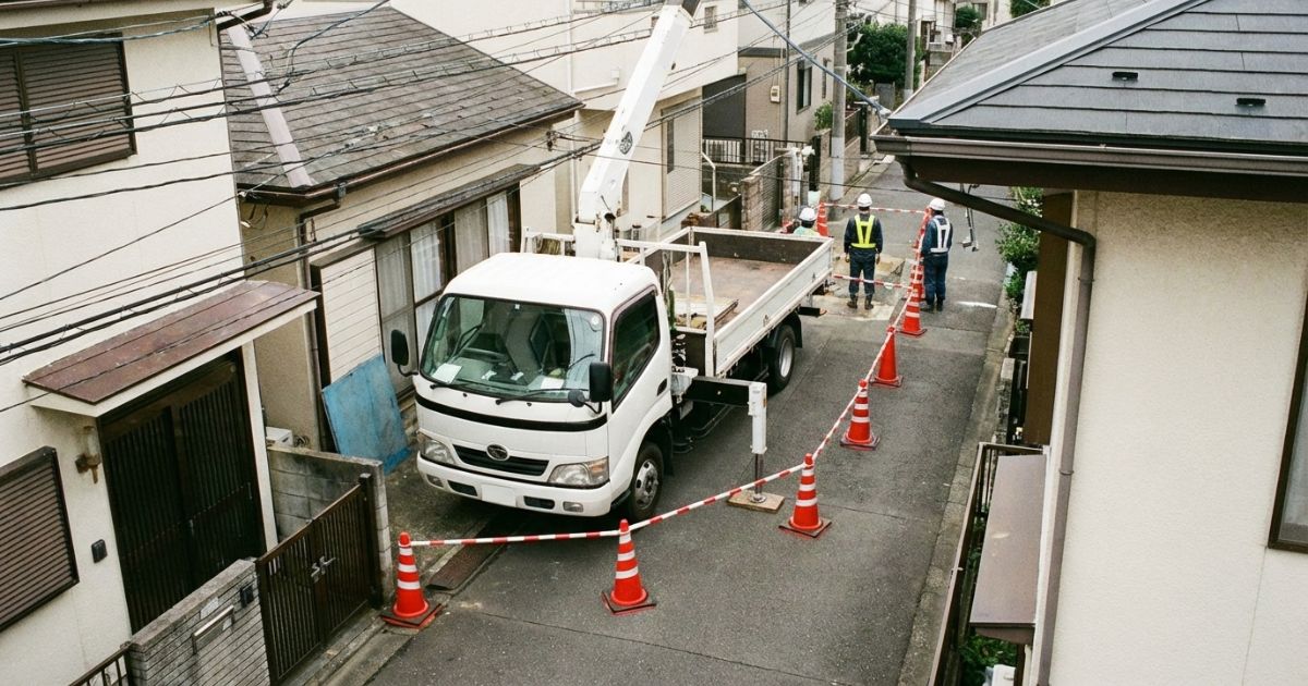 停車位置と障害物、立入管理を同時に確認して旋回干渉を避けるための現場全景