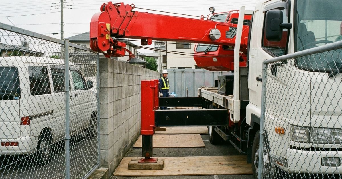 上部旋回の張り出しで周囲と干渉しやすい距離感を示すユニック車の設置状況